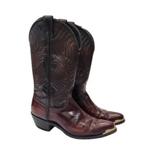 Laredo Embossed Stitched Western Boots, Black/ Maroon, US Mens 8.5 D